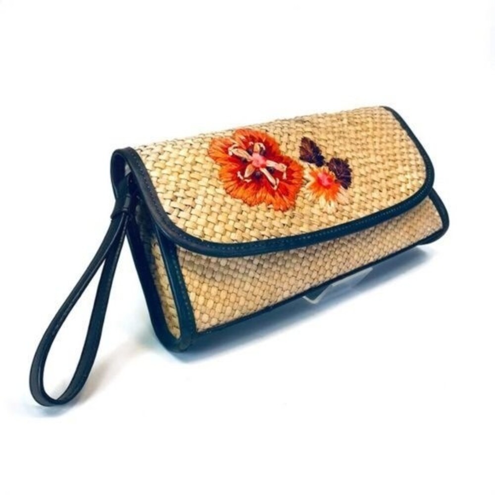 booth LOFT Straw Clutch Purse with Orange Raffia Flowers Ann Taylor Loft